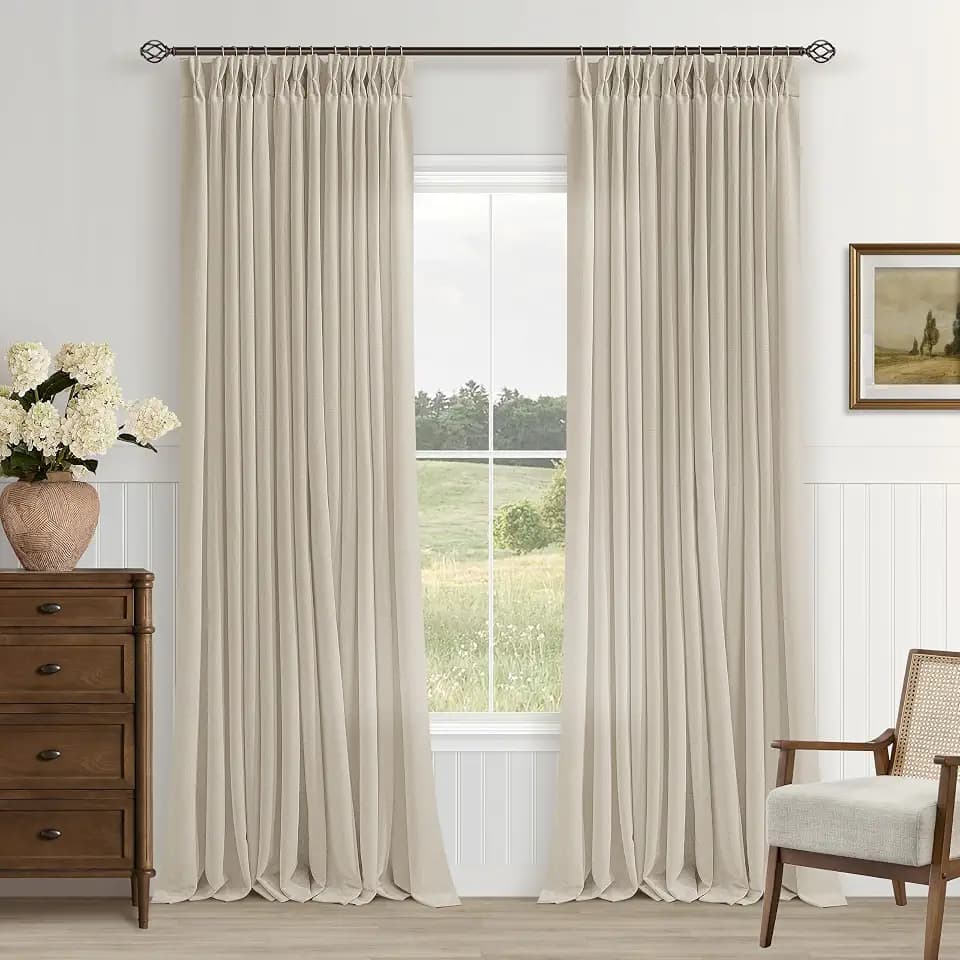 Oatmeal Pinch Pleated Semi Sheer Linen Curtains 105 Inch Long for Bedroom