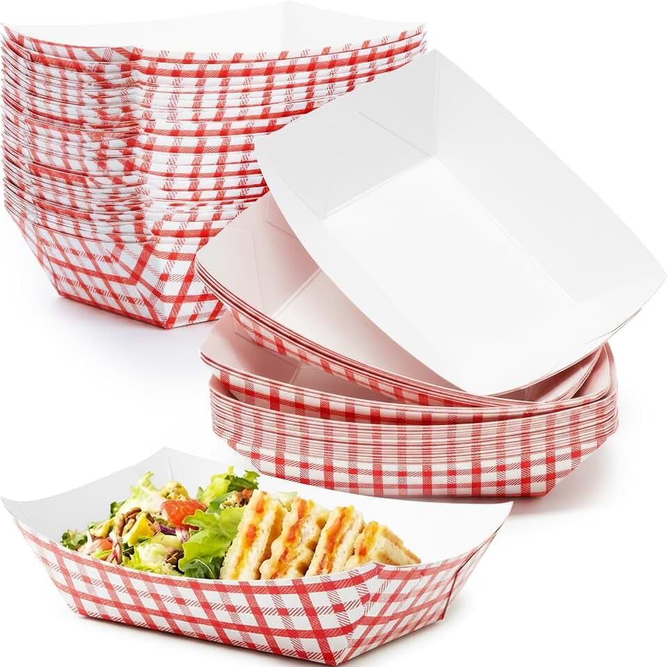 Heavy Duty, Grease Resistant 2 Lb Paper Food Trays 100 Pk. Recyclable, Coated Paperboard Basket Ideal for Festival, Carnival, Concession Stand Treats Like Fries, Ice Cream & Chicken Tenders & More