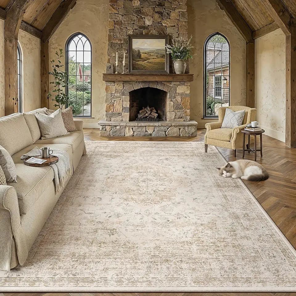 PureCozy Beige Area Rug 8x10 Vintage Oriental Distressed