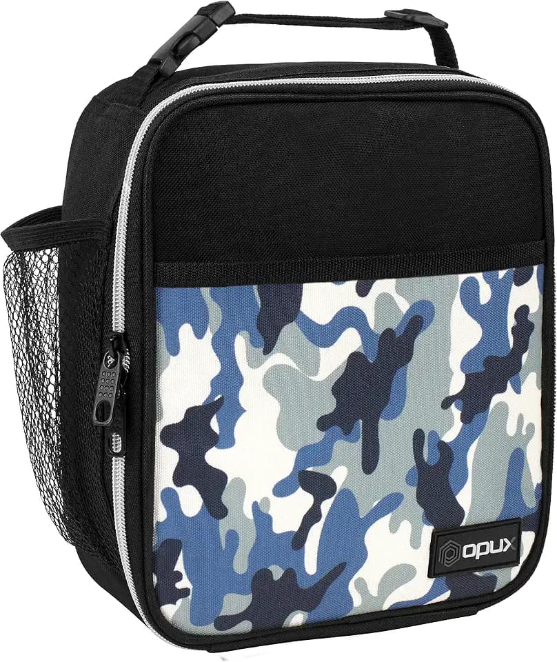 opux Insulated Lunch Bag for Kids Boys Girls, Small Compact Lunch Box with Wide Opening & Mesh Pockets, Reusable Lunch Pail for School, Work, Adults, Men, Women, Camo Blue