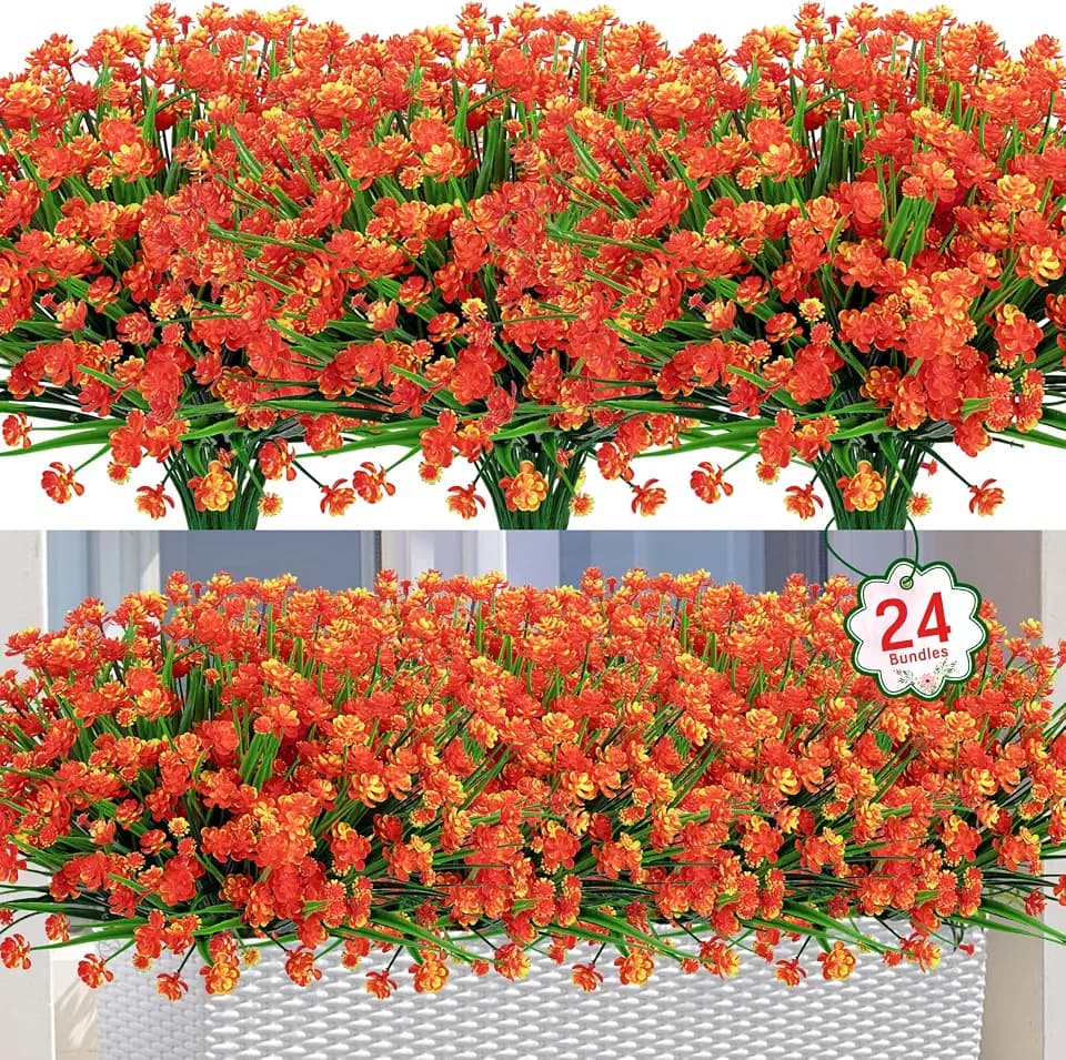 Ouddy Decor 24 Bundles Artificial Flowers for Outdoors Decorations, Orange