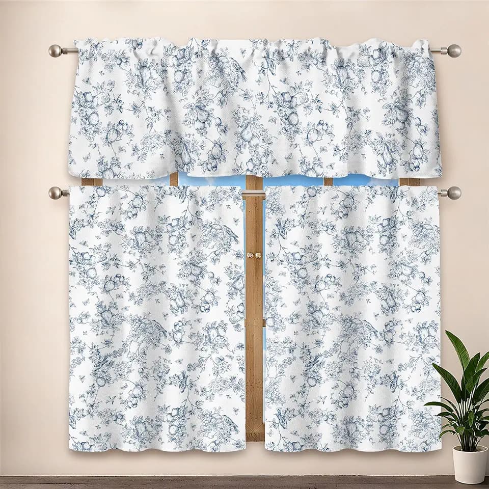 Renaiss Floral Kitchen Curtains Set Linen Tier Curtains and Valance Farmhouse Light Filtering Short Curtain Small Window 36 Inch Length Curtain for Cafe Bathroom Rod Pocket 3 Pieces Set Blue on White