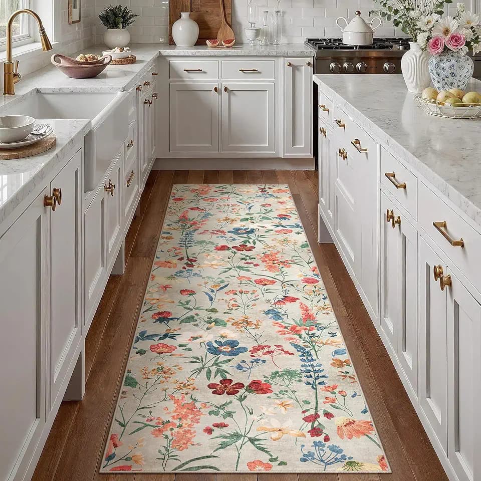 PureCozy Washable Floral Runner Rug 3x8 for Hallway Vintage Beige Carpet