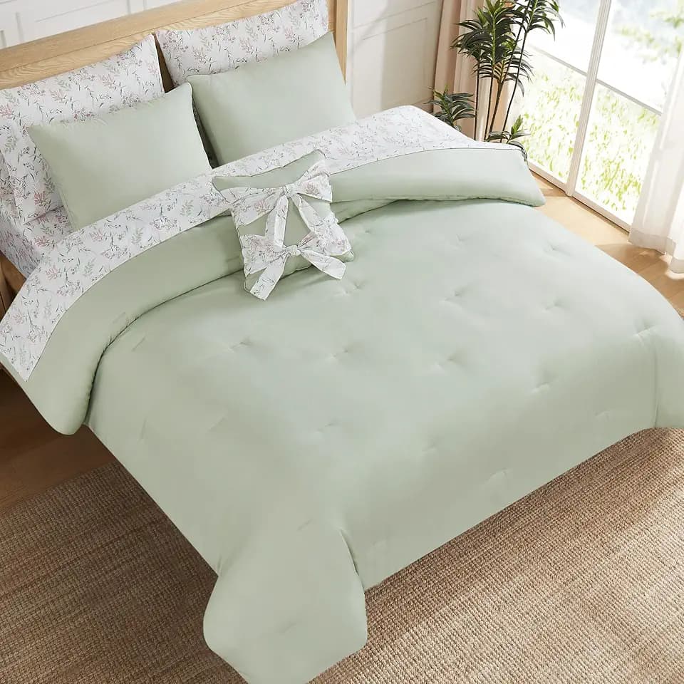 Jessica Simpson Felicity Sage Green Floral 8-Piece Bed in a Bag, King Designer Bedding Set