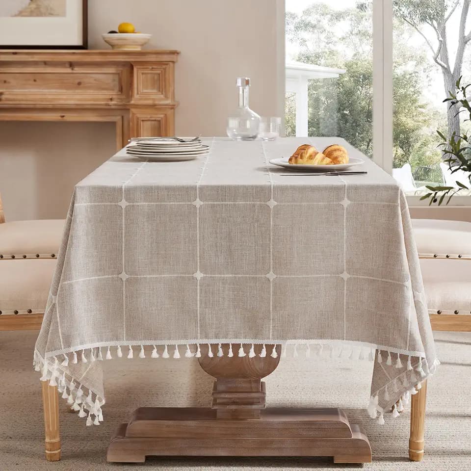 ZeeMart Boho Rectangle Grid Tablecloth with Tassels, Taupe 60x84in