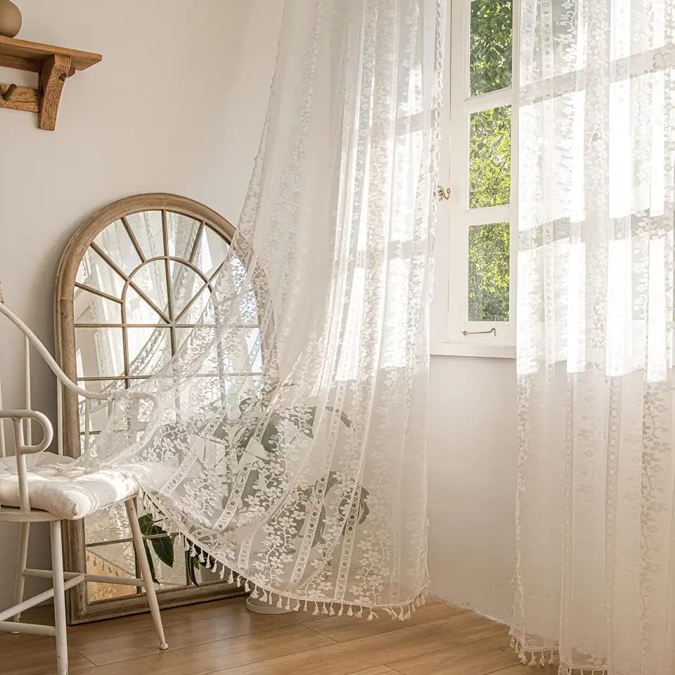Sutuo Home Boho Curtains 2 Panels 84 Inches Length for Bedroom, Window Treatments Bohemian Sheer Crochet Lace Vintage Drapes Pair, Country White Florals Knitted Handmade Tassels Rod Pocket, 52" x 84"