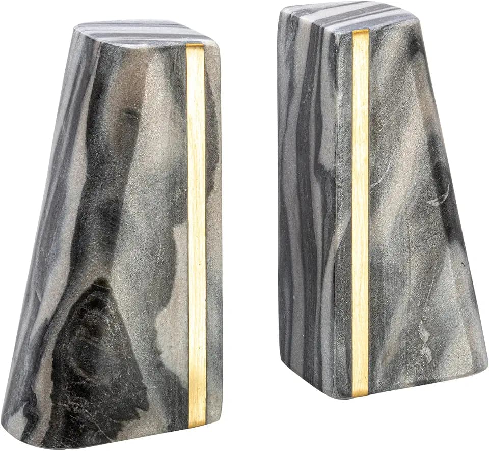 Main + Mesa Modern Marble Bookends with Brass Detail, Set of 2, Grey