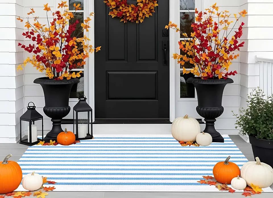 Washable 2x4ft Outdoor Rug,Light Blue and White Striped Front Porch Rug