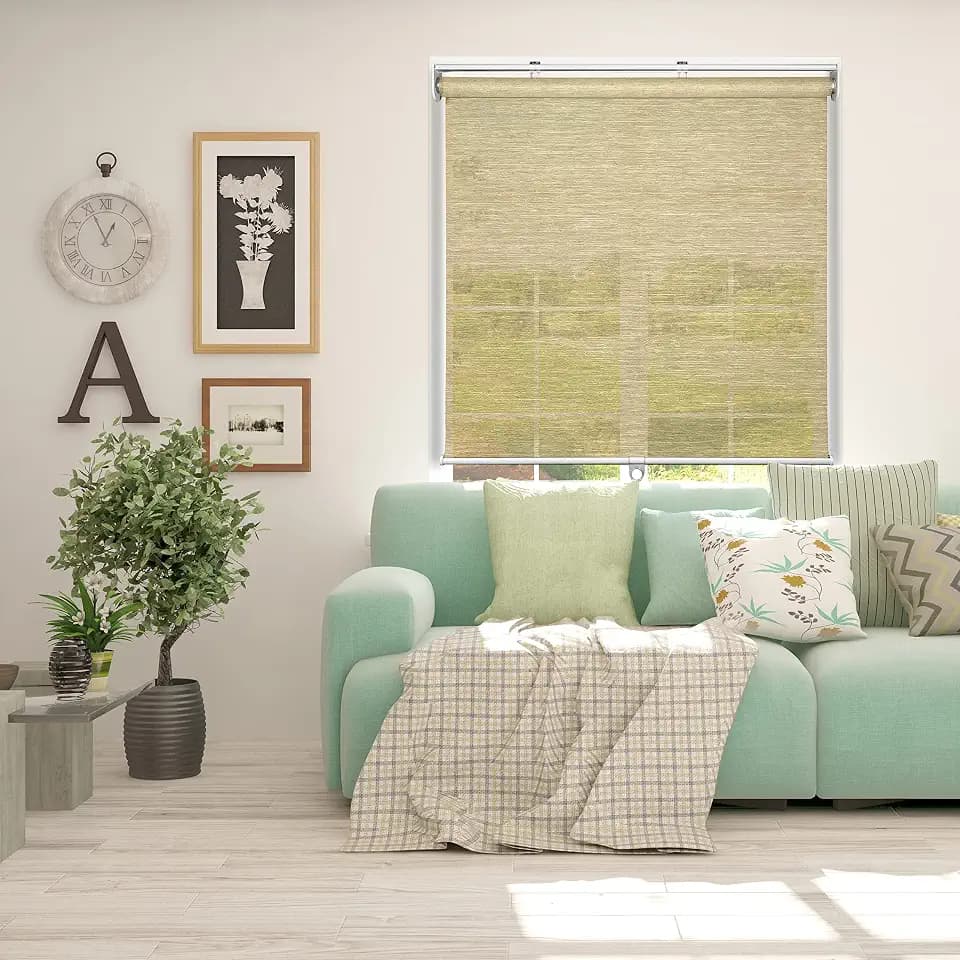 ARLO BLINDS Natural Weave Fabric Roller Window Shade, Sheer, Light Filtering, Cordless, 34.5" W x 60" H, Sand