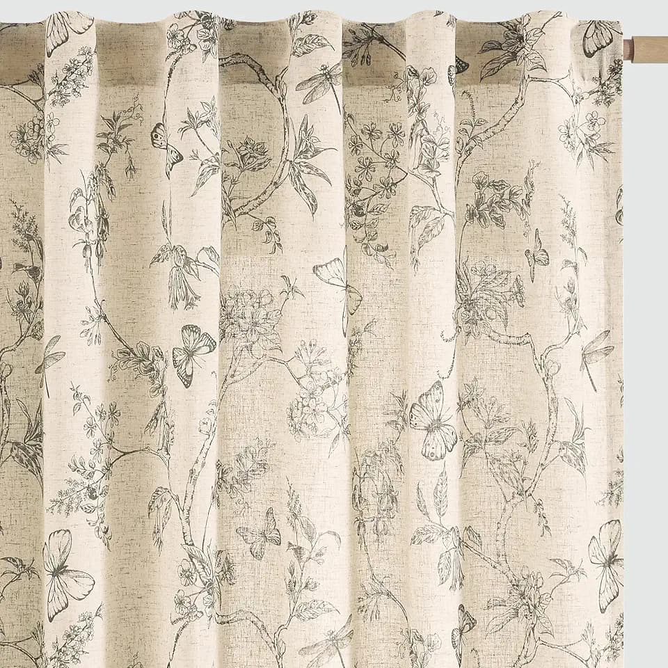 jinchan Grey Floral Linen Curtains 84 Inch Farmhouse Back Tab 2 Panels