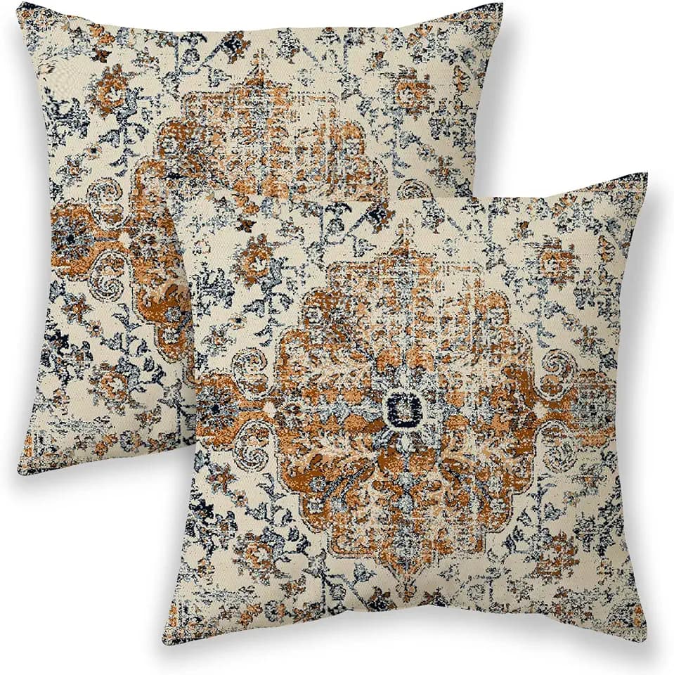 BETGINY Boho Pillow Covers 16x16, Burnt Orange and Blue Ethnic Design Outdoor Decorative Throw Pillows for Couch, Carpet Pattern Decor Cushion Cover 2 Pcs Farmhouse Linen Pillowcase for Bed Car Safa