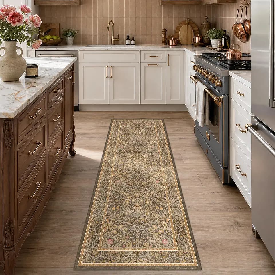 Washable Runner Rug Non Slip 2x6, Gold Brown Runner Rug for Kitchen, Bathroom, Entryway, Hallway, Laundry Room, Bedroom Bedside, Vintage Floral Stain Resistant Soft Low Pile Carpet
