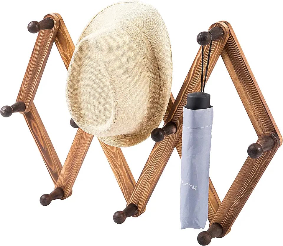 MyGift Expandable Hat Rack with 10 Hooks, Burnt Wood Wall Coat Rack
