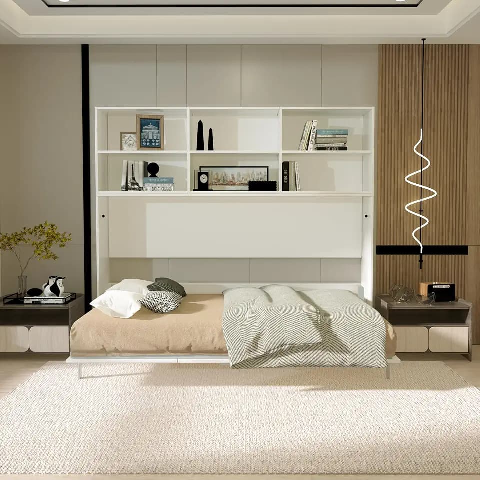 Twin Size Horizontal Murphy Bed with Double Layer Shelf Storage,Wood Wall Cabinet Hideaway Platform Bedframe W Gas Struts,for Bedroom or Guestroom,White