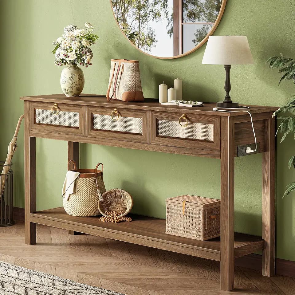 SUPERJARE Rattan Console Sofa Table with Outlets, USB-C Port and 3 Drawers