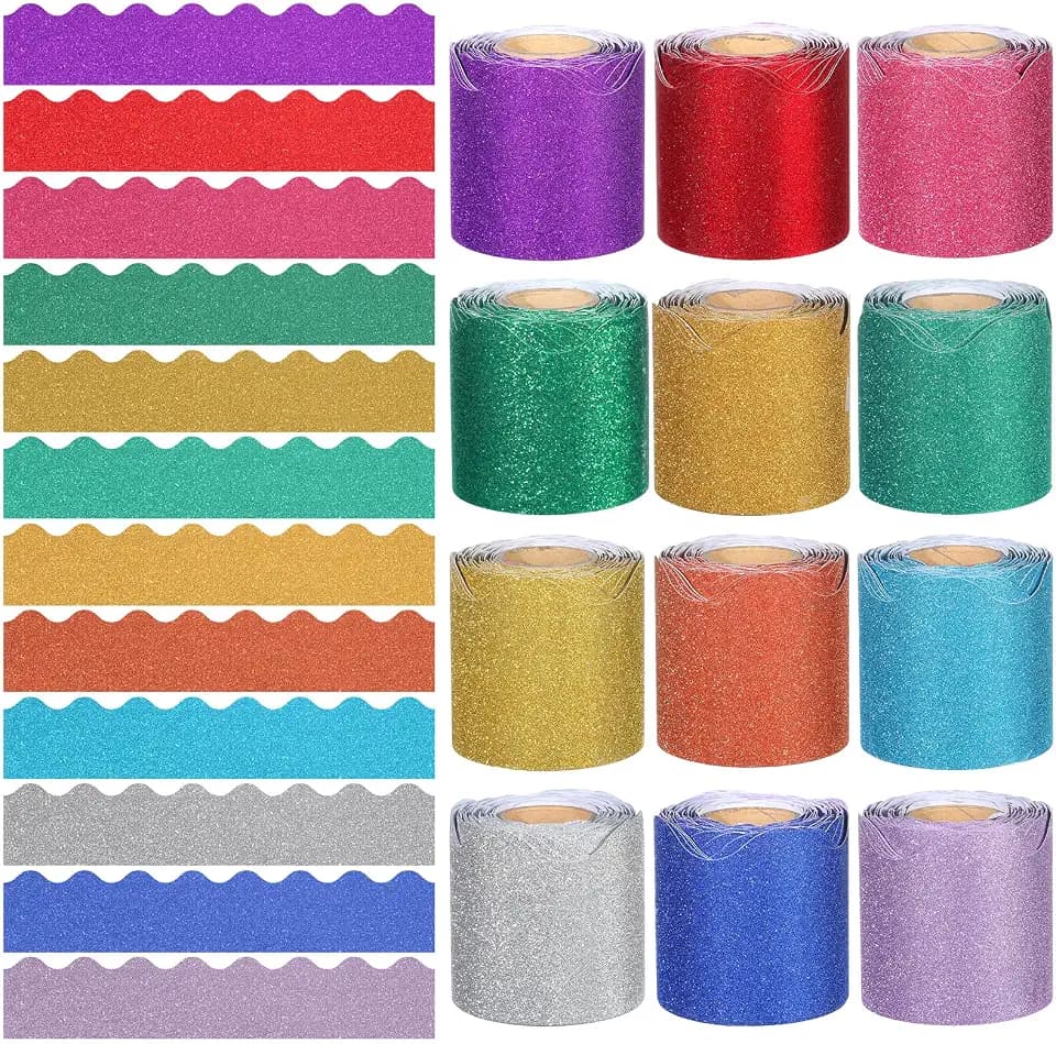 Wiooffen 12 Rolls 393ft Glitter Bulletin Board Borders Colorful Scalloped Trim Bulletin Board Decoration Shiny Bright Classroom Border for Classroom School Chalkboard Door Wall Decor(Glitter Color)
