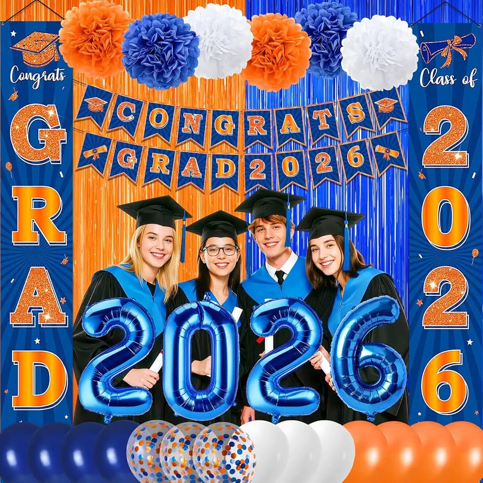 Blue and Orange Graduation Party Decorations Class of 2026 Blue Orange Graduation Decorations Set Include Congrats Grad 2026 Banner Balloons Foil Fringe Curtain Paper Pompoms for College High School