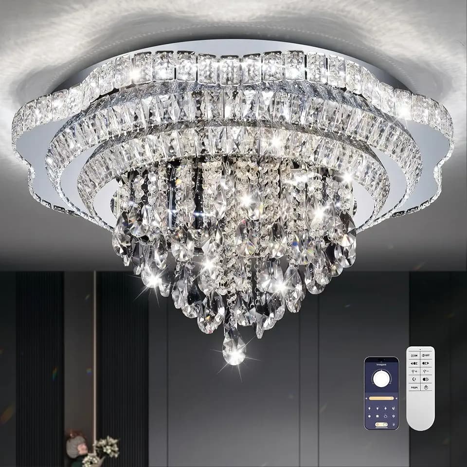30" Sliver Crystal Flush Mount Chandelier with Remote