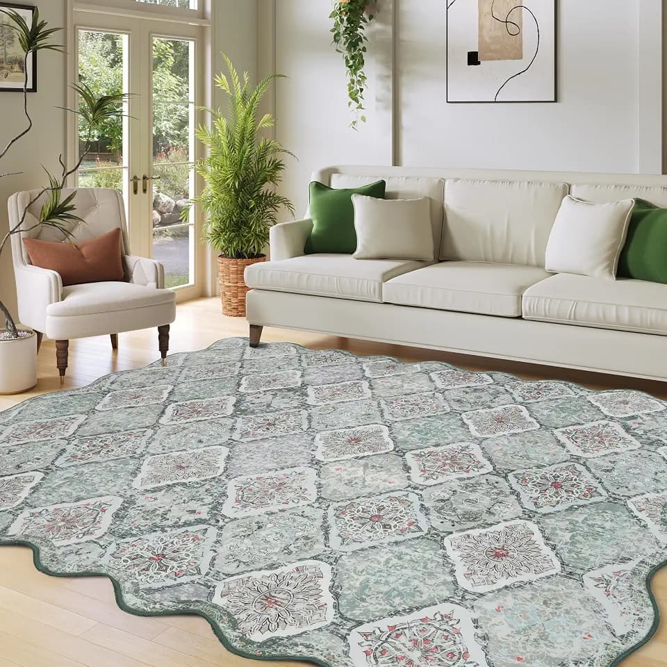 Moroccan 4x6 Area Rug, Unique Scalloped Ultra-Thin Soft Washable Rug, Non-Slip Stain Resistant Lightweight Low-Pile Carpet for Living Room Bedroom Dining Room Office (Light Green)