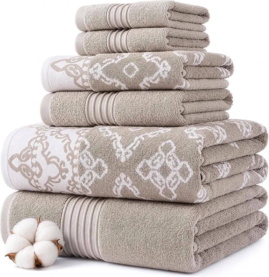Modern Threads Charlize 6-Piece 100% Cotton Towel Set – Reversible Yarn Dyed Jacquard & Solid – Includes 2 Bath Towels, 2 Hand Towels, 2 Washcloths – Absorbent, Quick Dry, Soft & Durable – Fawn