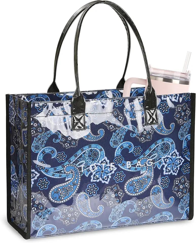 NPBAG PVC Tote Bag for Women, Kraft Paper Handbag Beach Tote with Letter Print, Top Handle Purse for Work Travel Shopping