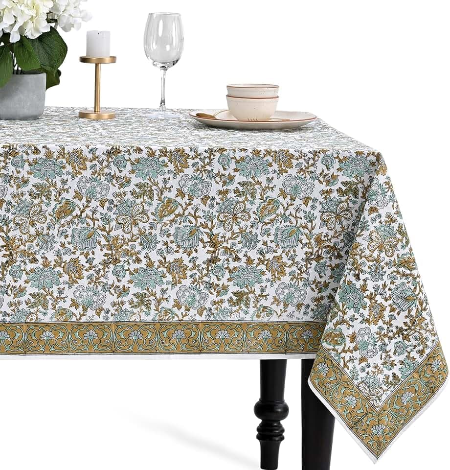 CPC Harvest Bloom Block Print 100% Cotton Rectangle Tablecloth 60x60 Inch