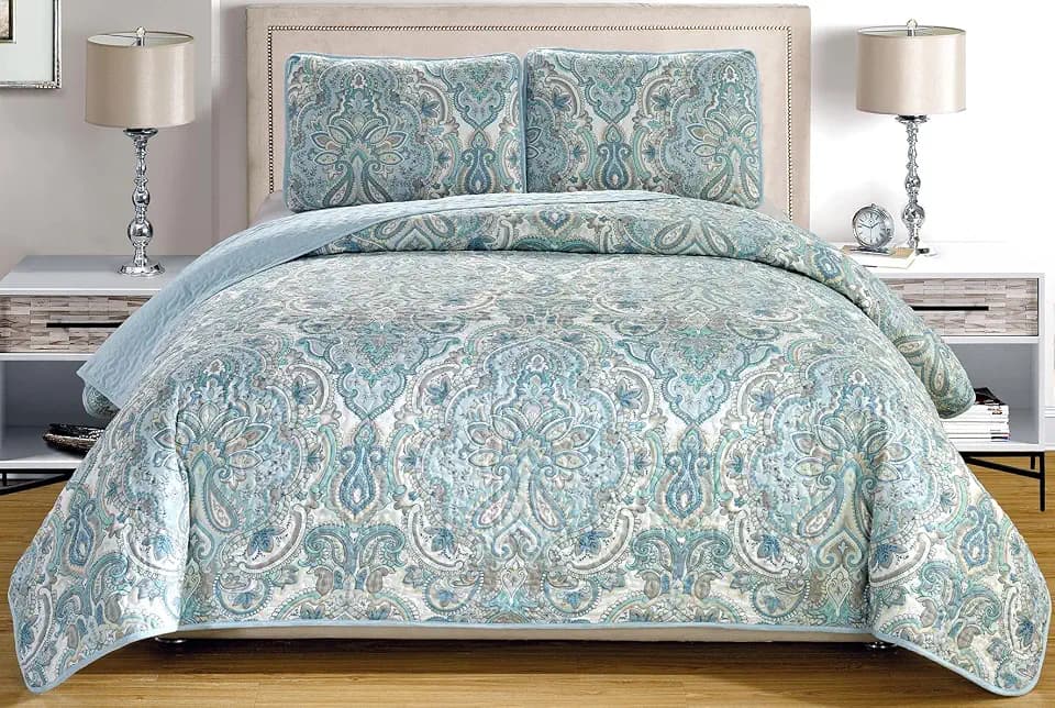 Grand Linen - 3-Piece Fine Printed (Double) Full Size Quilt Set Reversible Bedspread Coverlet Oversize Bed Cover (Pale Blue, Grey, Paisley)