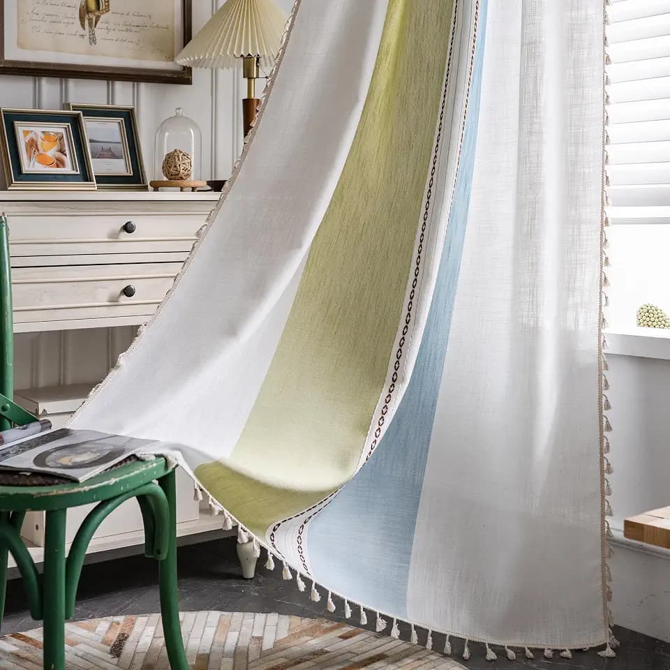 Sutuo Home Boho Curtains 90 inches for Bedroom Living Room,Bohemian Embroidery Drape Semi Blackout Farmhouse Window Treatment with Tassels, Rod Pocket 1 Panel 52" W x 90" L, Green Blue Striped Linen