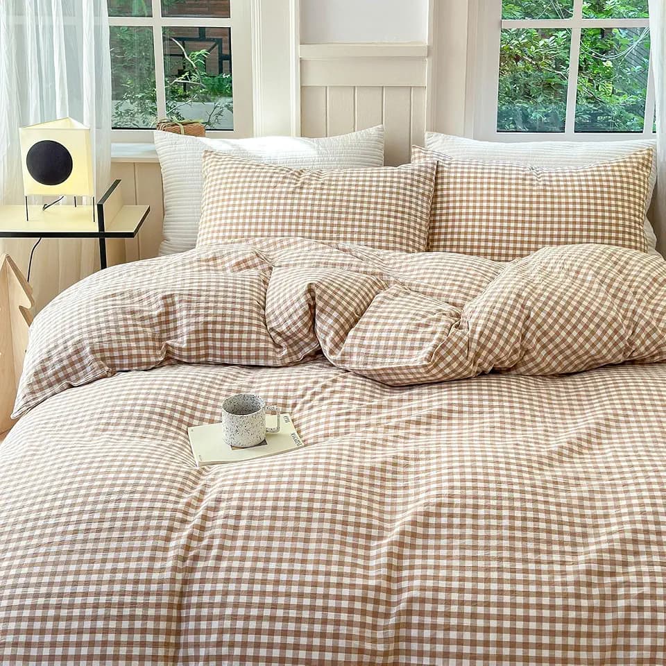 Tan Plaid Gingham Duvet Cover King 3 Pieces Checkered Grid Duvet Cover 100% Washed Cotton Beige Plaid Comforter Cover with Zipper Closure 2 Pillowcases Luxury Soft Gingham Bedding Set Breathable