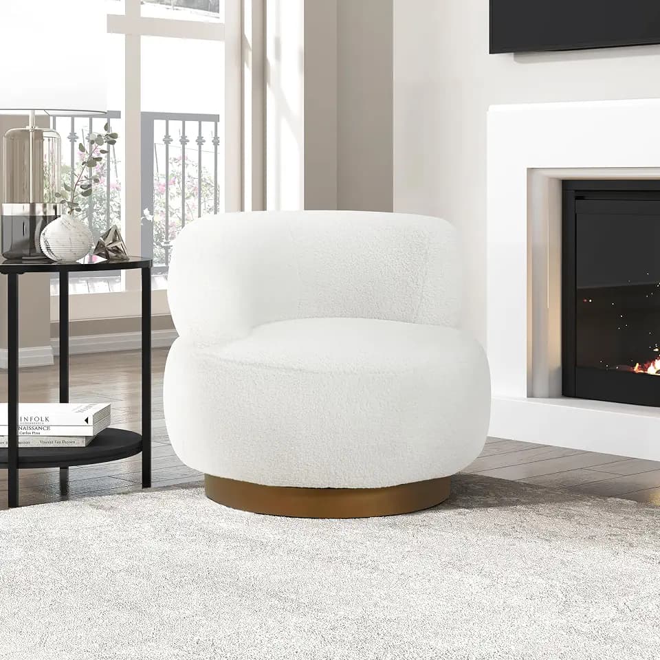 Lexicon Swivel Barrel Chair, Sherpa Accent Chair, Upholstered Comfy Seat, Single Sofa Chair Modern Reading Chair for Living Room/Office/Apartment, White