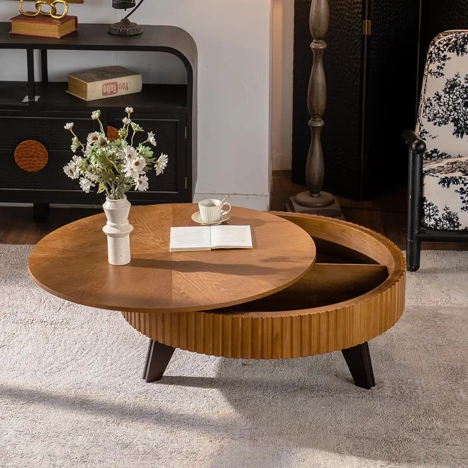 GDFStudio 39.37" Retro Round Coffee Table with Hidden Storage, Mid Century Modern Wood MDF Circle Center Table with Solid 3 Legs for Living Room Bedroom Office Small Space, Easy Assembly, Natural