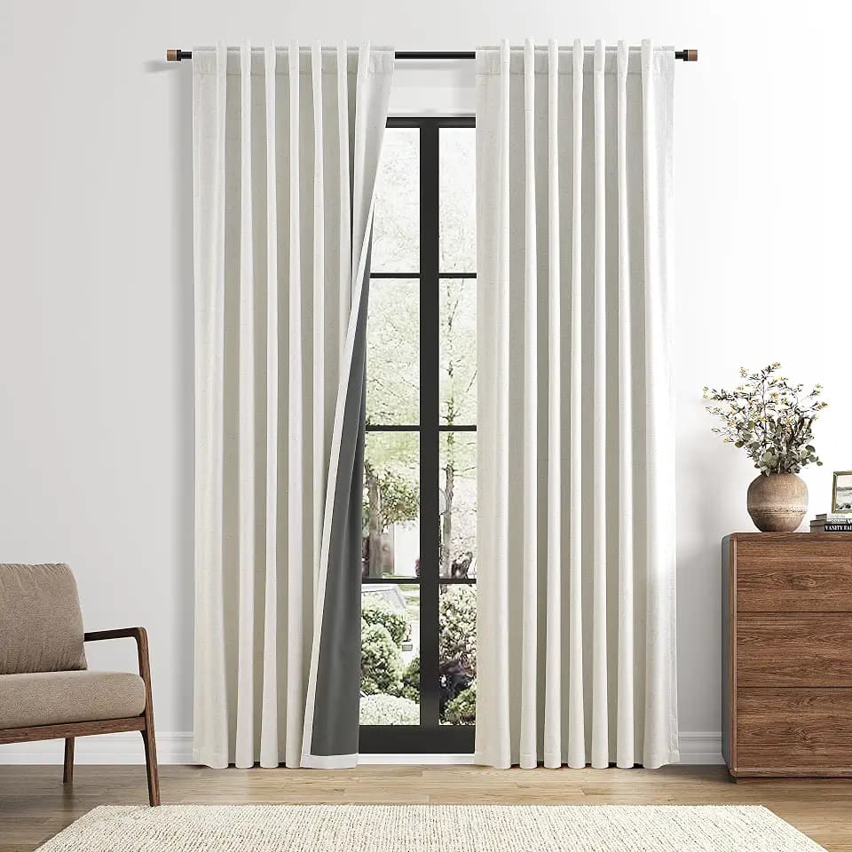 Nanspring 100% Linen Blackout Curtains 84 Inches Long 2 Panels Set for Living Room Bedroom Back Tab Rod Pocket Cream Blackout Curtain Thermal Insulated Window Elegant Drapes Natural Ivory W50 X L84