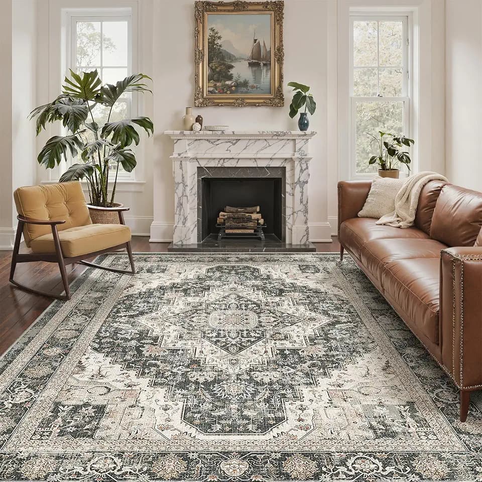 Roxstand 6x9 Washable Area Rug, Non Slip Living Room Rug Black/Beige