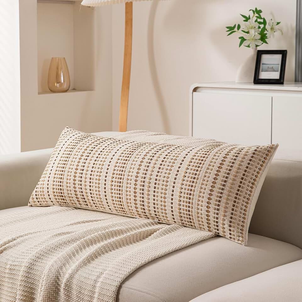 Boho Long Lumbar Body Decorative Throw Pillow Covers 14x36 Inch Pack of 1 Beige Woven Striped Pillow Cover Cotton Accent Pillowcase Farmhouse Cushion Covers for Home Decor Bed Couch Sofa Bench