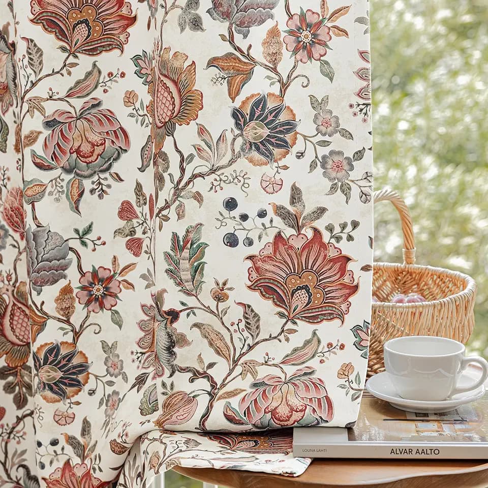 FMFUNCTEX Beige Boho Blackout Floral Curtains, 52X108 Inches, 2 Panels