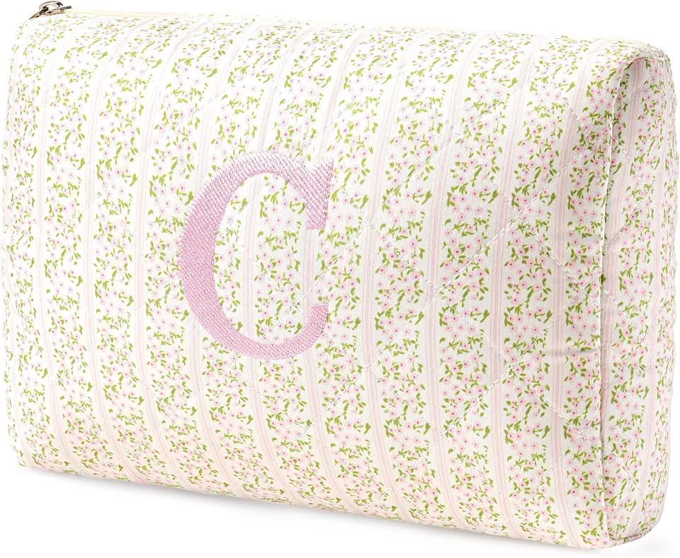 HBselect Initial Makeup Bag for Women Personalized Quilted Cosmetic Bag