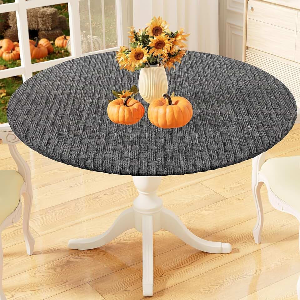 misaya Round Fitted Tablecloth with Elastic Edge, 100% Waterproof Oil Proof Plastic Table Cover, Vinyl Flannel Backed Tablecloth Fits 36"-44" Round Tables for Dinner, Outdoor, Picnic, Grey Weave