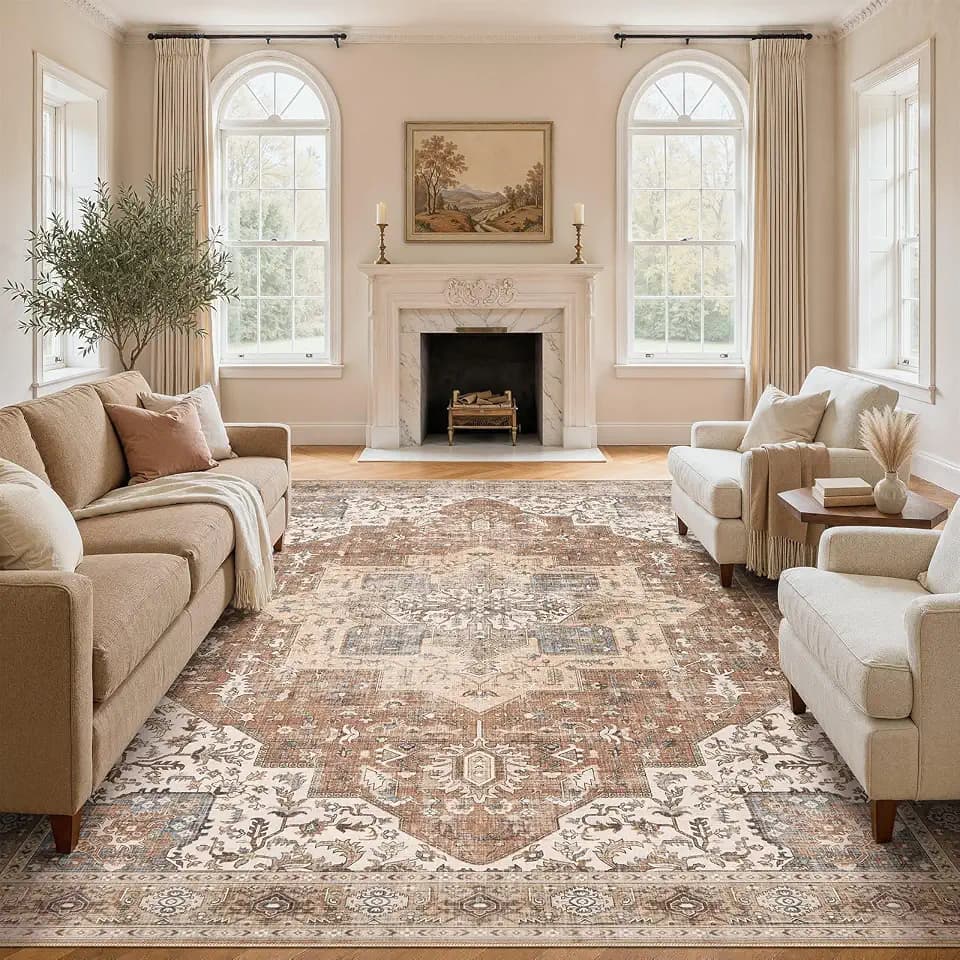 DTICON Vintage Washable 8x10 Area Rug Living Room Rugs, Brick Red