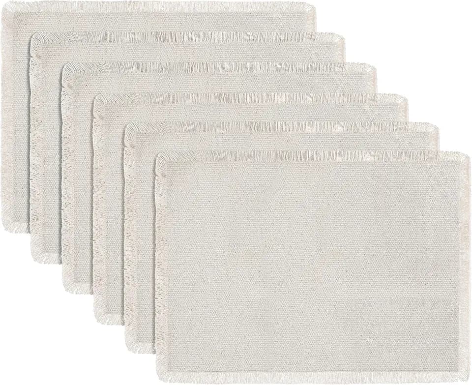 Hausattire Cotton Frayed Placemats Set of 6 Dining Table 13x19 Inch | Rustic Vintage Boho Washable Easter Placemat for Outdoor Parties BBQ's Wedding, Holiday, Nubby Cotton - Natural