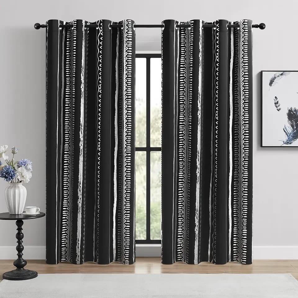 Black and Gold Curtains, 100% Blackout, Boho Metallica Gold Foil Pattern – Thermal Insulated, Noise Reducing, Grommet Top, Set of 2 Panels, 52 x 84 Inch, Bohemian Design
