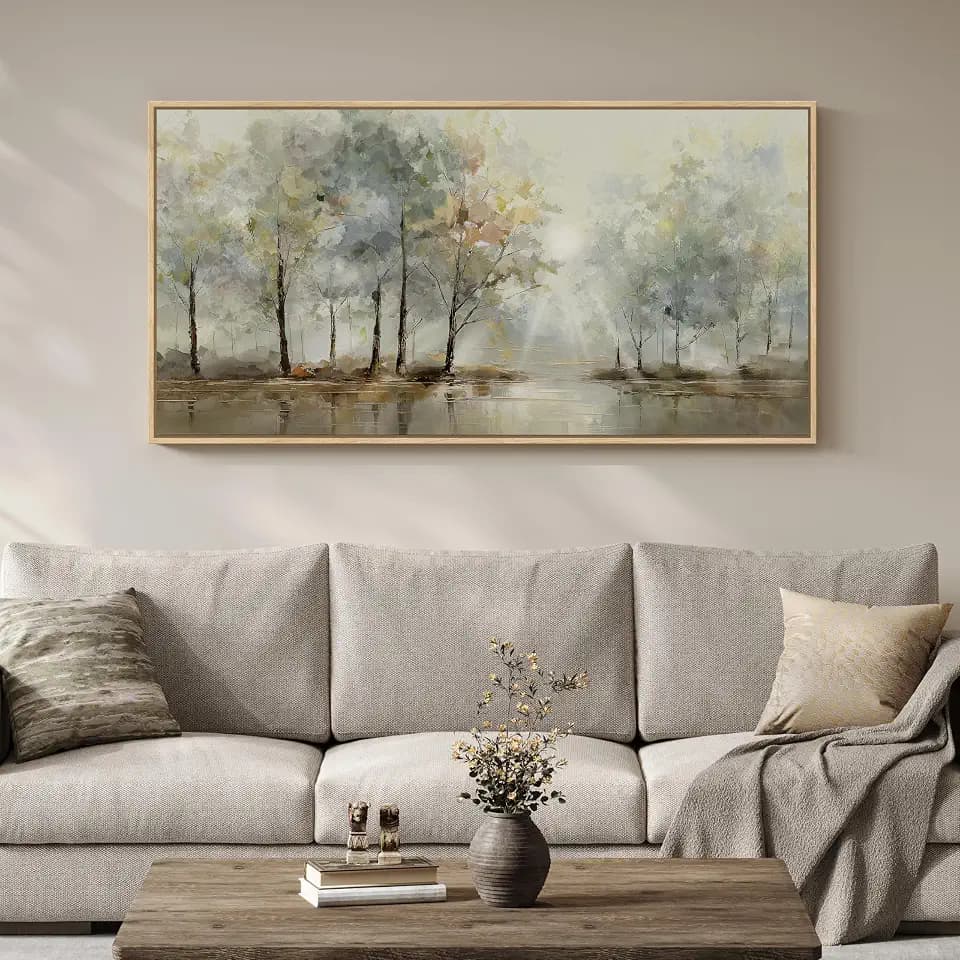 Large Framed Modern Nature Landscape Wall Art for Living Room, 60x30 Inch