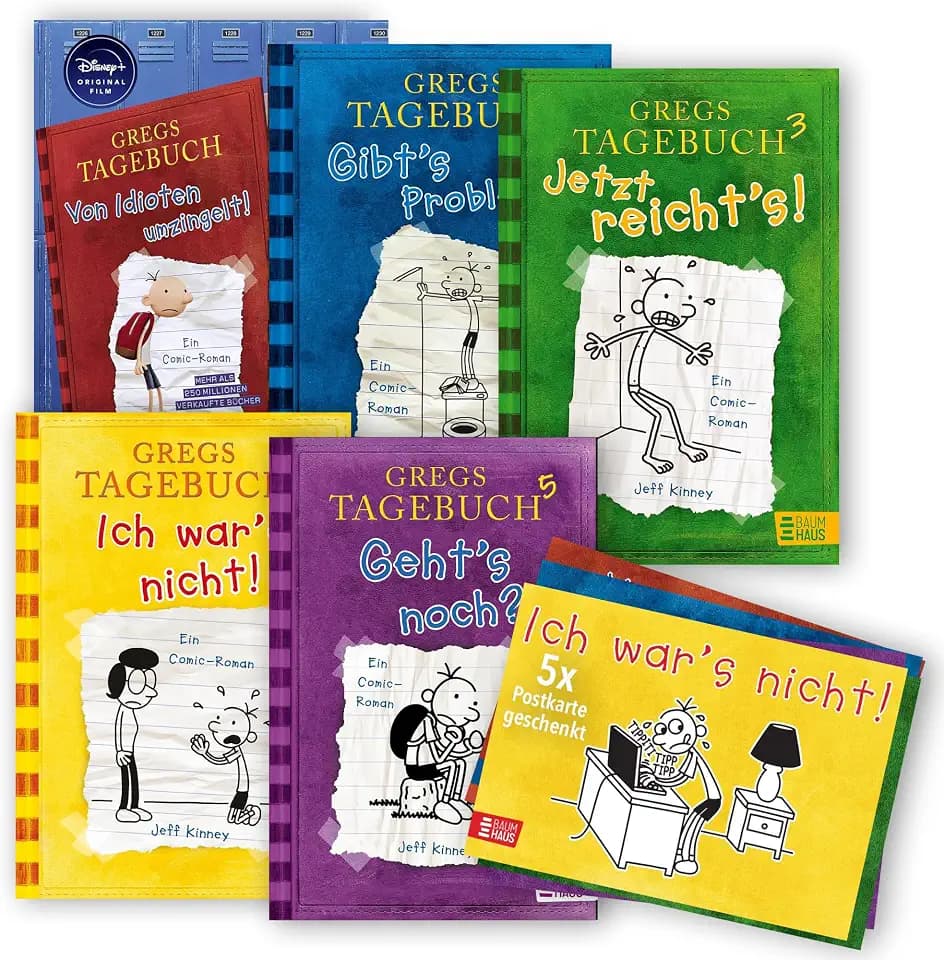 Jeff Kinney Bücherset – Gregs Tagebuch Band 1-5 – Von Idioten umzingelt, Gibt’s Probleme?, Jetzt reicht’s!, Ich war’s nicht! und Geht’s noch? – Kinderbuch Bestseller mit je einer exklusiven Postkarte