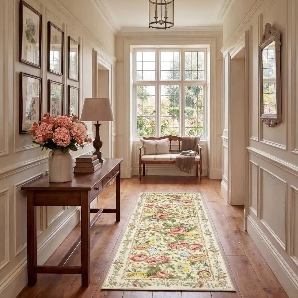Laura Ashley Beige Multi Uffington Roses Border Flowers Floral Machine Washable & Slip Resistant 2'2" x 6' Runner Rug