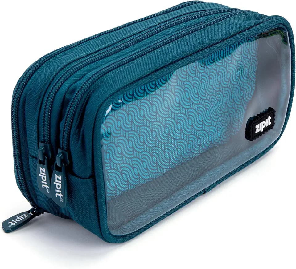 ZIPIT Half & Half Pencil Case, 3-Compartment Aesthetic Zipper Pouch, Teal