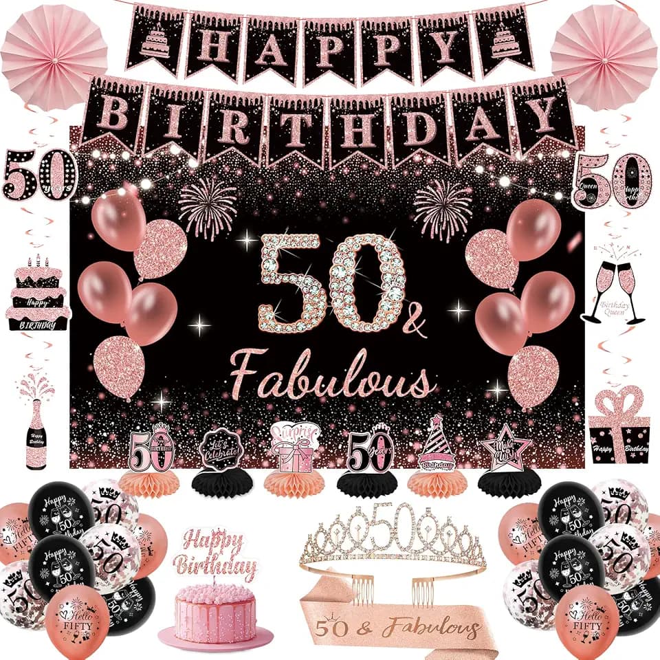 50th Birthday Decorations for Women - Rose Gold 37Pcs All-in-One Party Kit with Banner, Backdrop, Tiara, Sash, Cake Topper, Latex Balloons, Hanging Swirls, Centerpieces