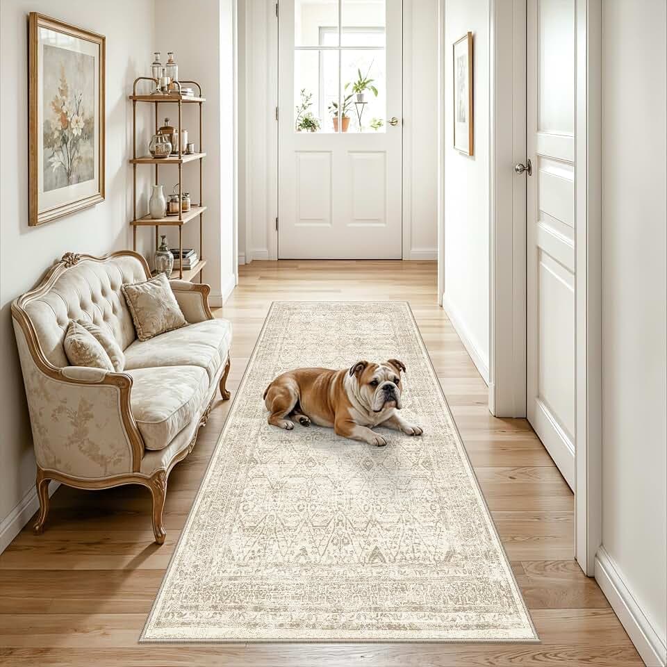 3x6 Runner Rug Washable Entryway: Non Slip Soft Kitchen Area Rug, Low Pile Vintage Farmhouse Floor Door Mat for Bathroom, Neutral Indoor Carpet for Hallway Bedroom (Beige/Ivory 3'x6')
