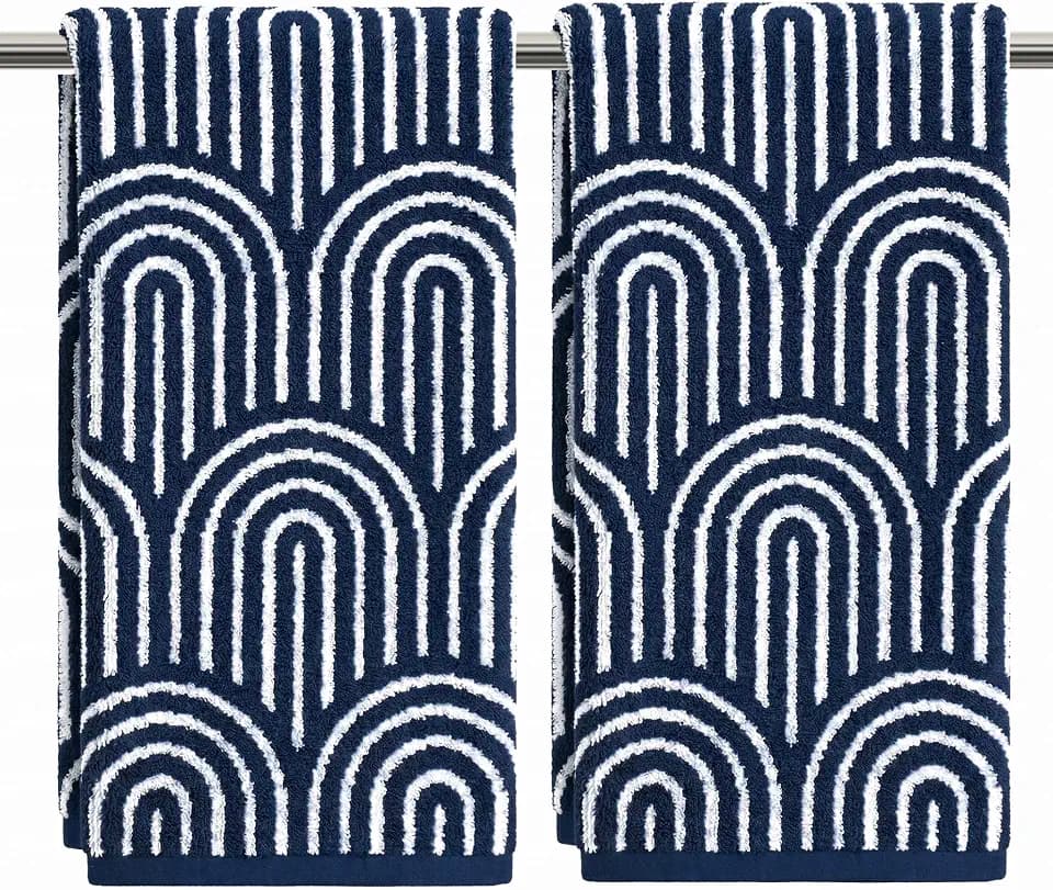 Artoid Mode 2 Pcs Beige Navy Blue Arched Stripes Jacquard Hand Towels for Bathroom, Cotton Soft Absorbent Bathroom Decor Towels, 13.7 x 29.5 Inch