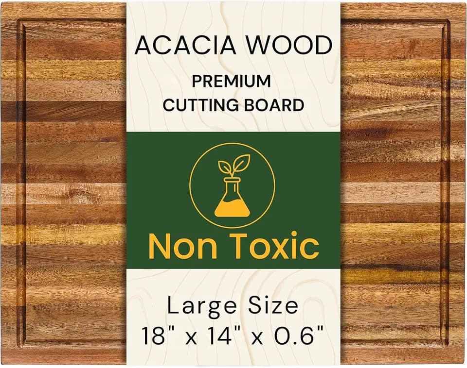 Large 18x14 Inch Acacia Wood Cutting Board, 0.6" Thin Edge Grain w/Deep Juice Groove & Handle for Meat, Bread, Cheese, Kitchen Prep, Solid Hardwood, Non-Toxic, BPA-Free by New M Way
