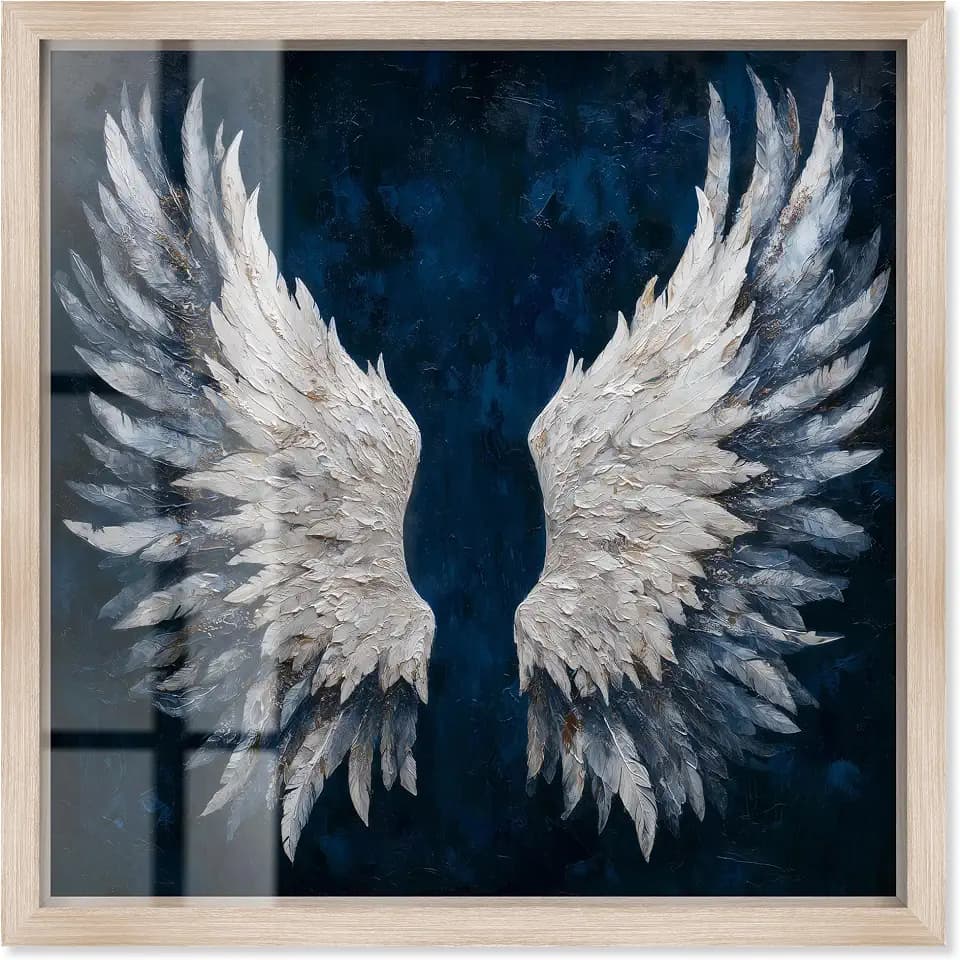 Angel Wings on Navy Shadowbox Print Christian Wall Decor by Art Remedy, Blonde Frame, 40 x 40