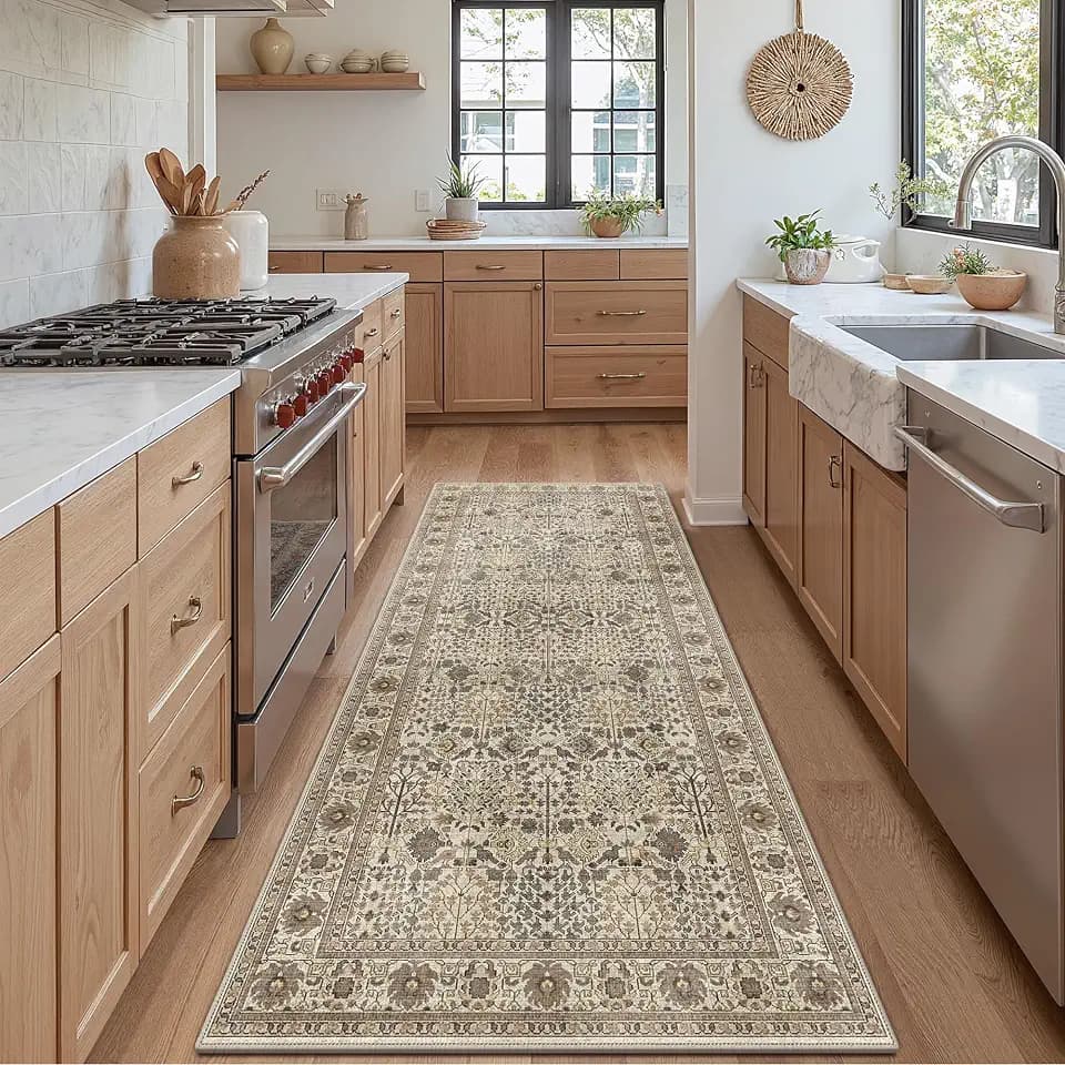 Bavni 2'6" x 8' Kitchen Runner Rug, Washable Non Slip, Cream Brown